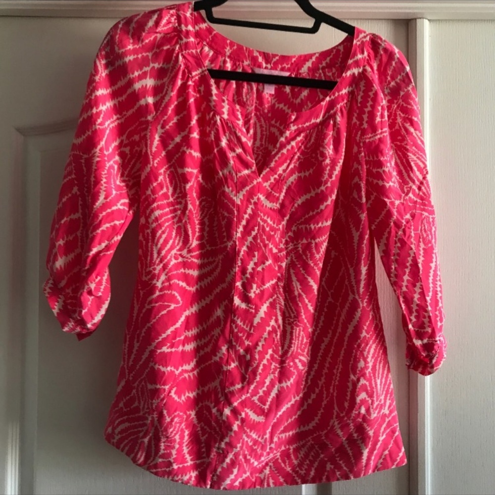 Lilly Pulitzer 3/4 Sleeve Pink Print Silk Top